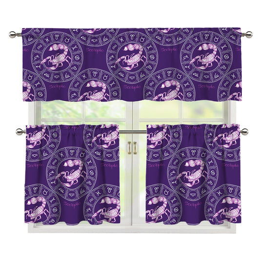 Purple Scorpio Zodiac Pattern Print 3 Piece Kitchen Curtains