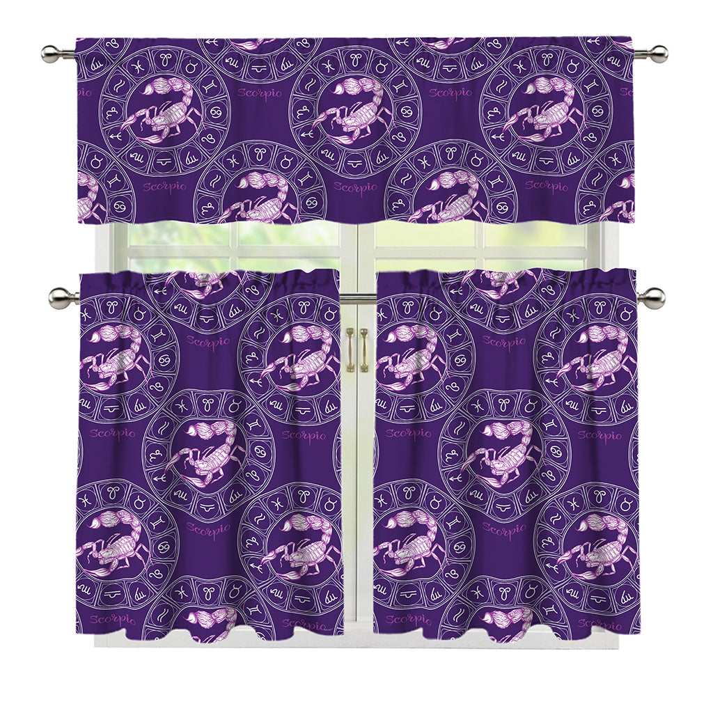 Purple Scorpio Zodiac Pattern Print 3 Piece Kitchen Curtains