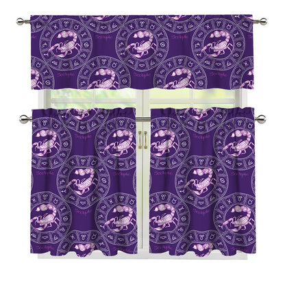 Purple Scorpio Zodiac Pattern Print 3 Piece Kitchen Curtains