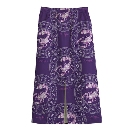 Purple Scorpio Zodiac Pattern Print Cotton Front Slit Maxi Skirt