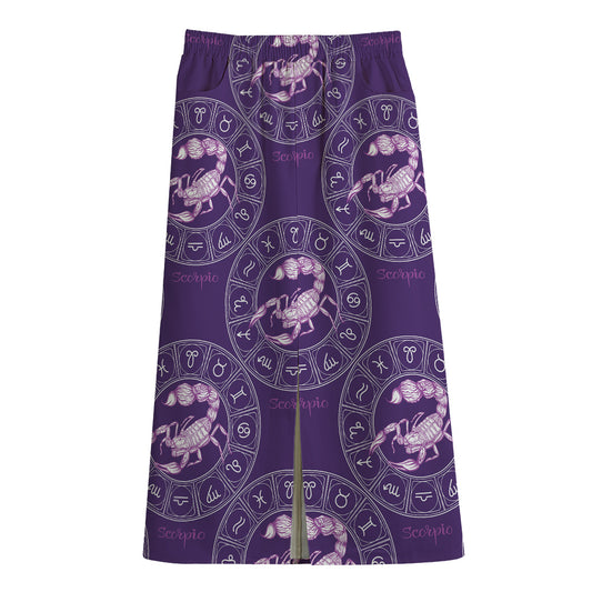 Purple Scorpio Zodiac Pattern Print Cotton Front Slit Maxi Skirt