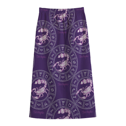 Purple Scorpio Zodiac Pattern Print Cotton Front Slit Maxi Skirt