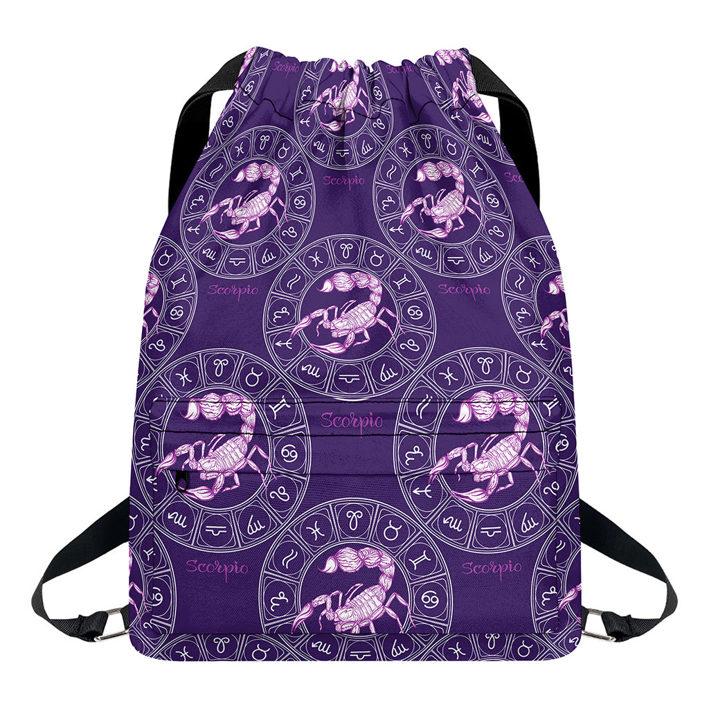 Purple Scorpio Zodiac Pattern Print Drawstring Backpack