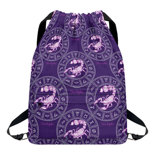 Purple Scorpio Zodiac Pattern Print Drawstring Backpack