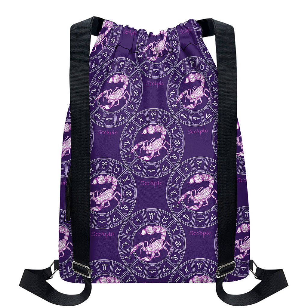 Purple Scorpio Zodiac Pattern Print Drawstring Backpack