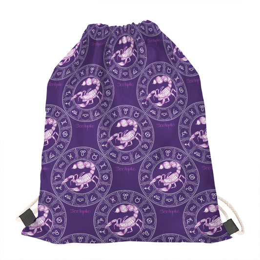 Purple Scorpio Zodiac Pattern Print Drawstring Bag