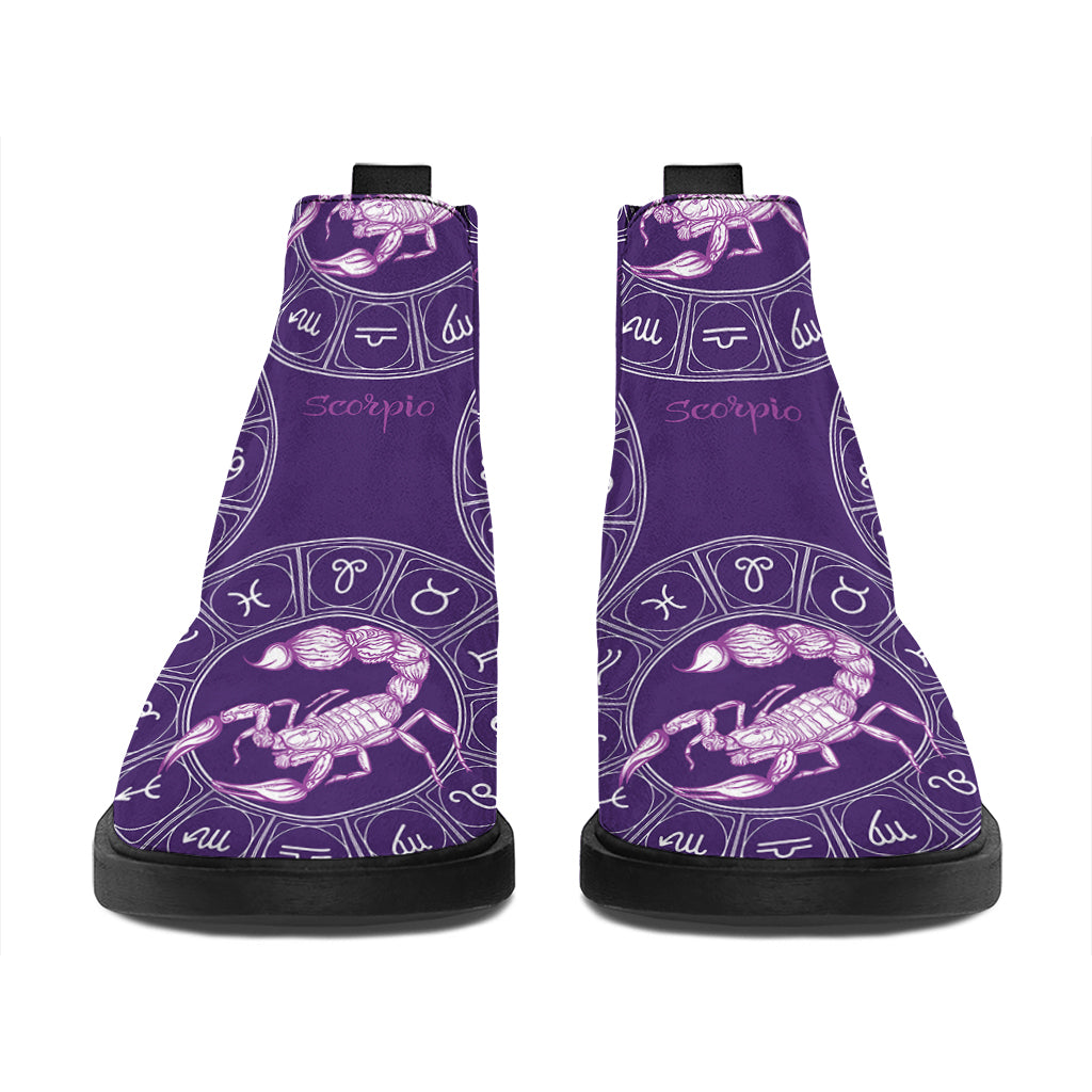 Purple Scorpio Zodiac Pattern Print Flat Ankle Boots