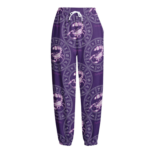 Purple Scorpio Zodiac Pattern Print Fleece Lined Knit Pants