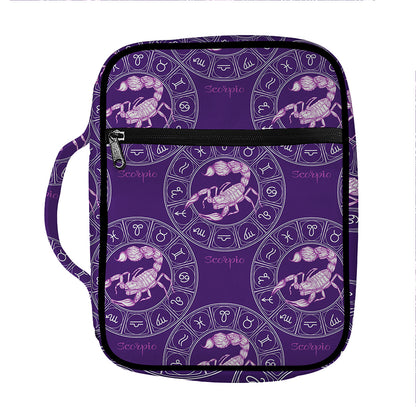 Purple Scorpio Zodiac Pattern Print Front Pocket Bible Bag