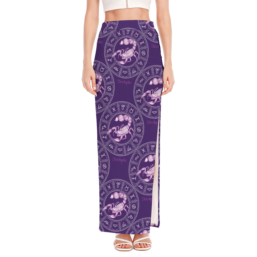 Purple Scorpio Zodiac Pattern Print High Slit Maxi Skirt