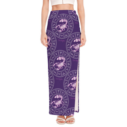 Purple Scorpio Zodiac Pattern Print High Slit Maxi Skirt