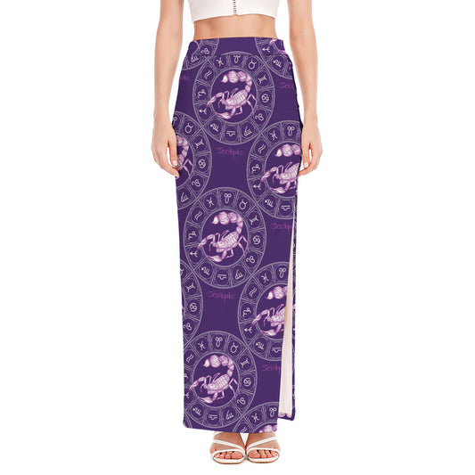 Purple Scorpio Zodiac Pattern Print High Slit Maxi Skirt