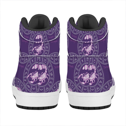 Purple Scorpio Zodiac Pattern Print High Top Leather Sneakers