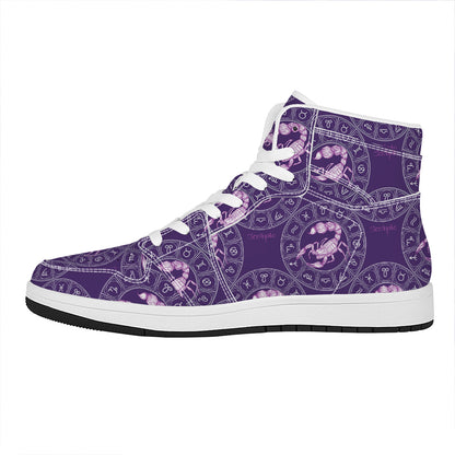 Purple Scorpio Zodiac Pattern Print High Top Leather Sneakers