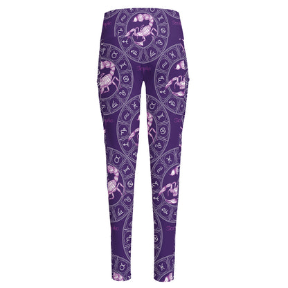 Purple Scorpio Zodiac Pattern Print High-Waisted Pocket Leggings