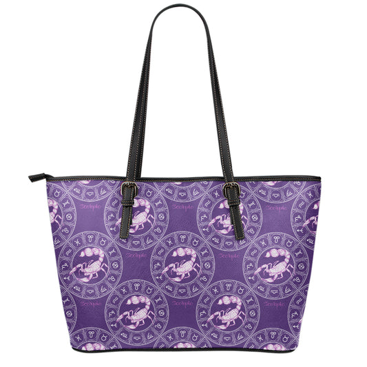 Purple Scorpio Zodiac Pattern Print Leather Tote Bag