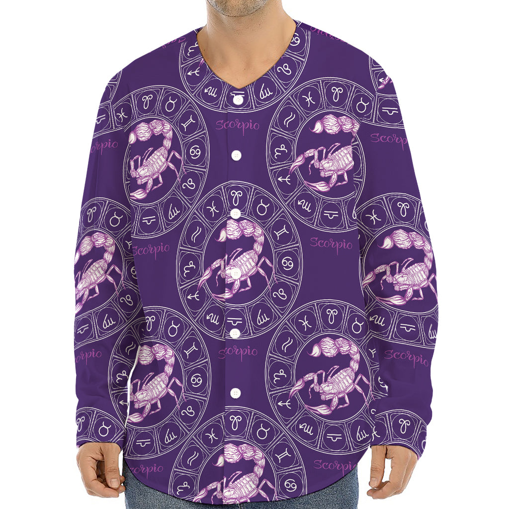 Purple Scorpio Zodiac Pattern Print Long Sleeve Baseball Jersey