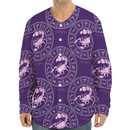 Purple Scorpio Zodiac Pattern Print Long Sleeve Baseball Jersey
