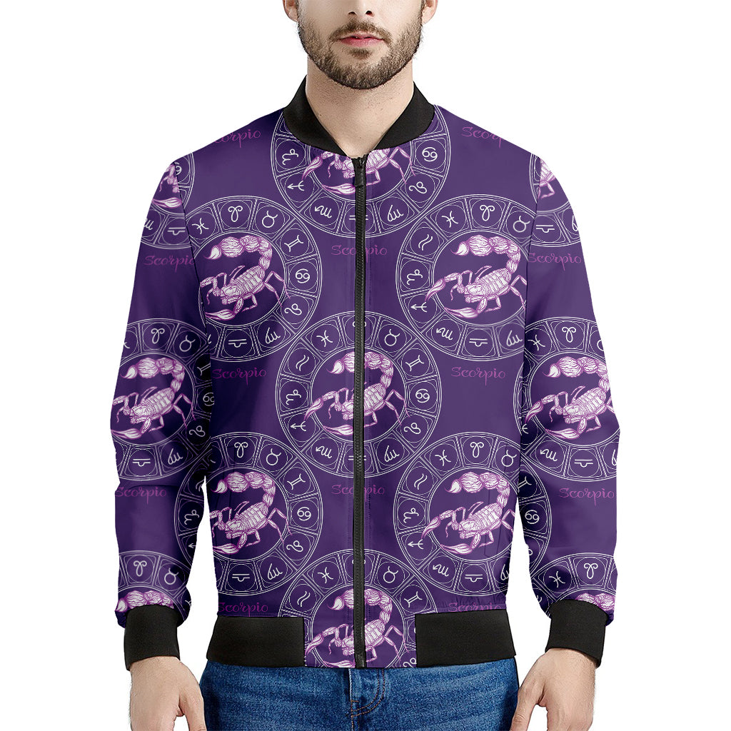 Purple Scorpio Zodiac Pattern Print Men's Bomber Jacket