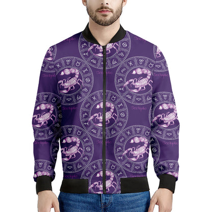 Purple Scorpio Zodiac Pattern Print Men's Bomber Jacket