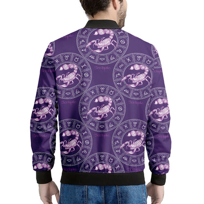 Purple Scorpio Zodiac Pattern Print Men's Bomber Jacket