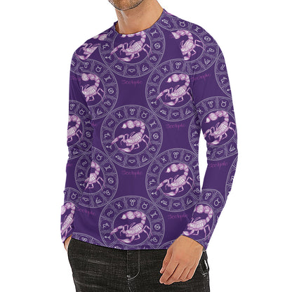 Purple Scorpio Zodiac Pattern Print Men's Long Sleeve Rash Guard