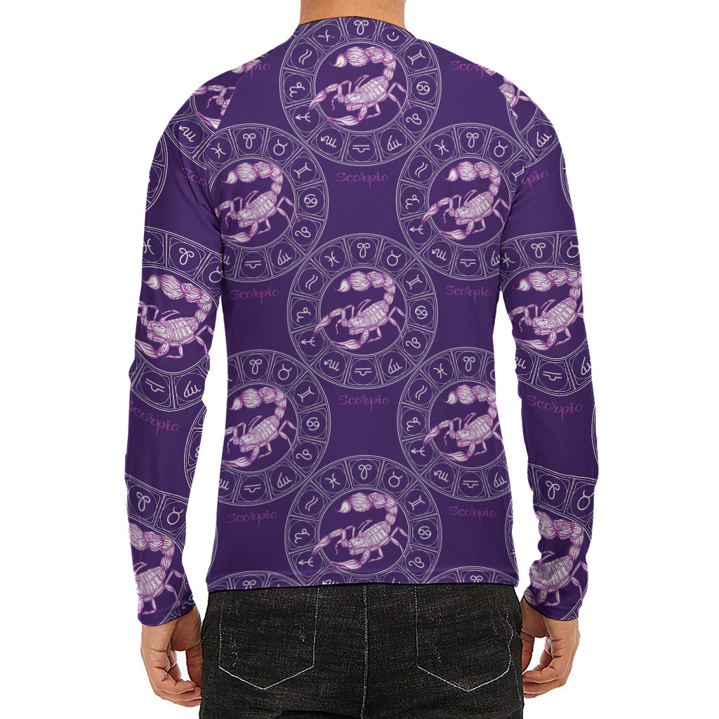 Purple Scorpio Zodiac Pattern Print Men's Long Sleeve Rash Guard