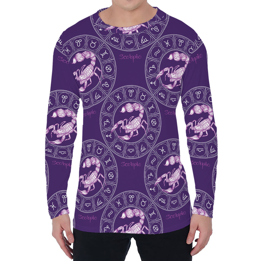 Purple Scorpio Zodiac Pattern Print Men's Long Sleeve T-Shirt