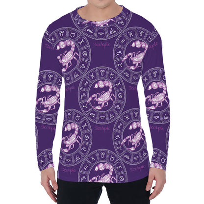 Purple Scorpio Zodiac Pattern Print Men's Long Sleeve T-Shirt
