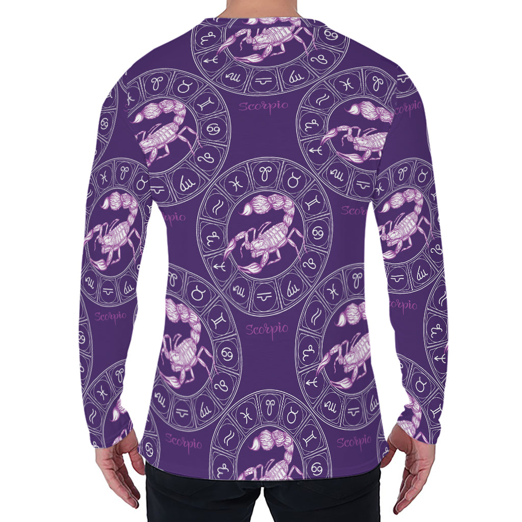Purple Scorpio Zodiac Pattern Print Men's Long Sleeve T-Shirt