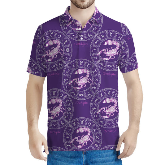 Purple Scorpio Zodiac Pattern Print Men's Polo Shirt