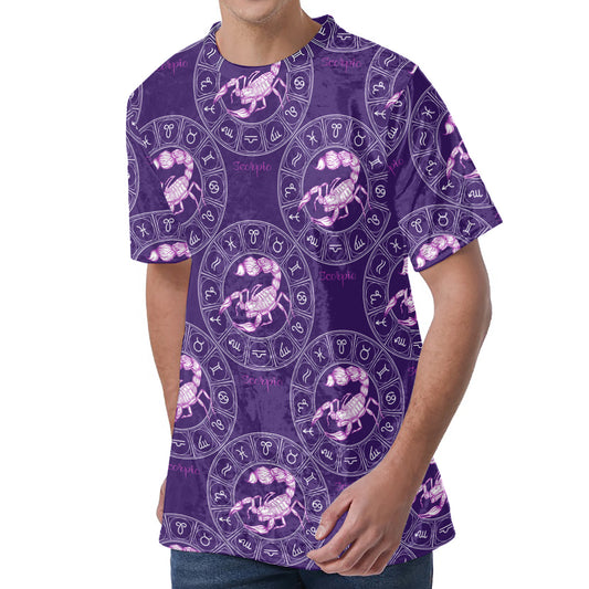 Purple Scorpio Zodiac Pattern Print Men's Velvet T-Shirt