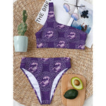 Purple Scorpio Zodiac Pattern Print One Shoulder Bikini Top