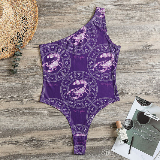 Purple Scorpio Zodiac Pattern Print One Shoulder Bodysuit
