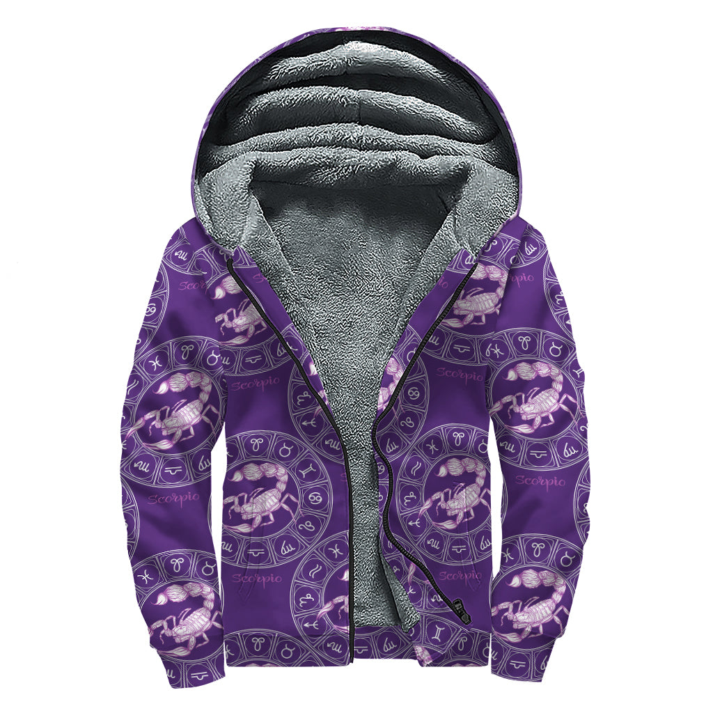 Purple Scorpio Zodiac Pattern Print Sherpa Lined Zip Up Hoodie