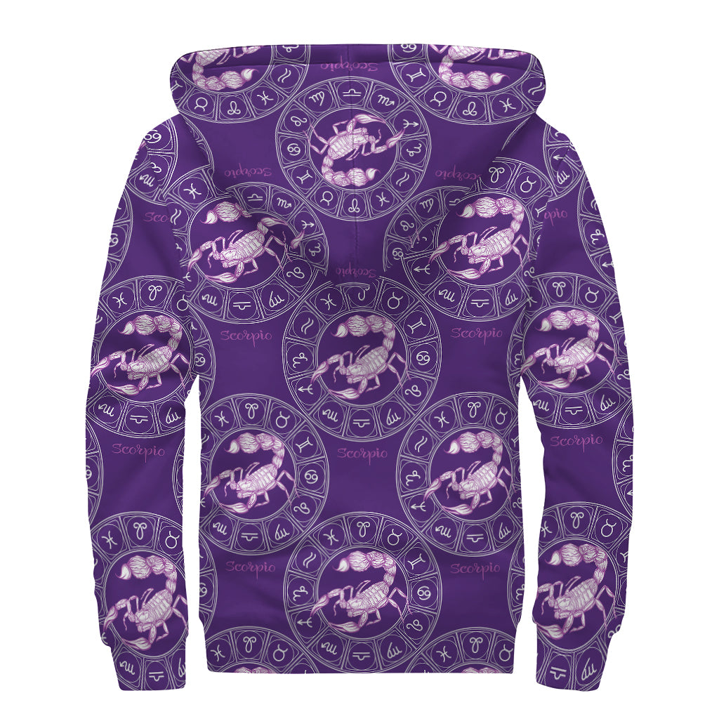 Purple Scorpio Zodiac Pattern Print Sherpa Lined Zip Up Hoodie