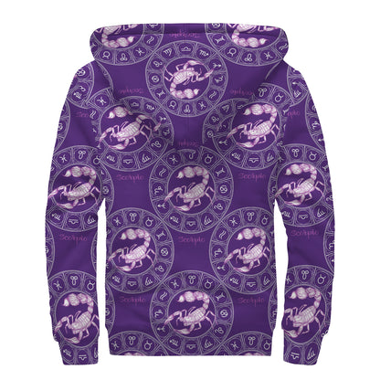 Purple Scorpio Zodiac Pattern Print Sherpa Lined Zip Up Hoodie