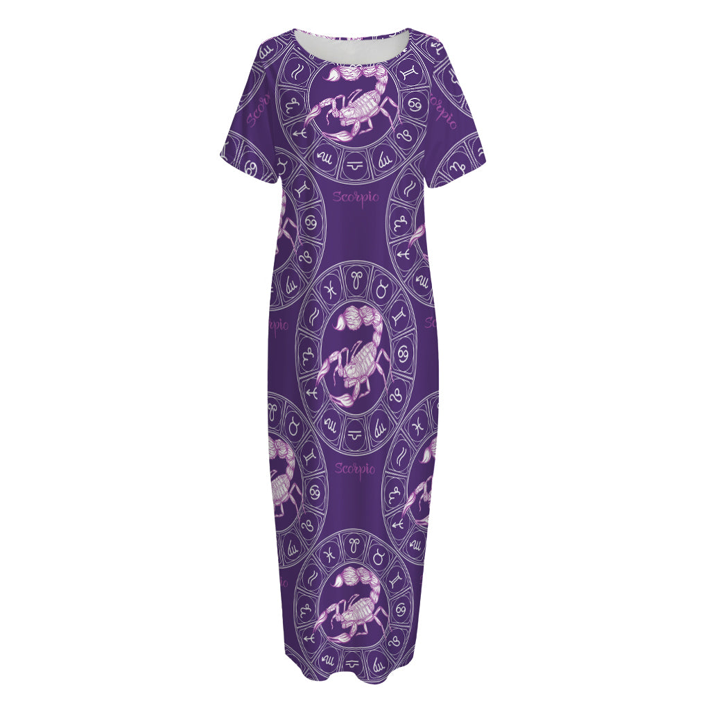 Purple Scorpio Zodiac Pattern Print Short Sleeve Long Nightdress