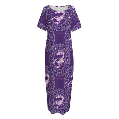 Purple Scorpio Zodiac Pattern Print Short Sleeve Long Nightdress