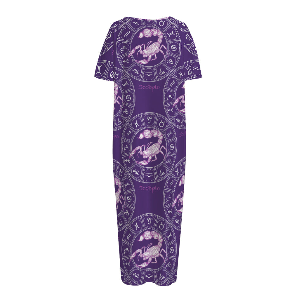 Purple Scorpio Zodiac Pattern Print Short Sleeve Long Nightdress