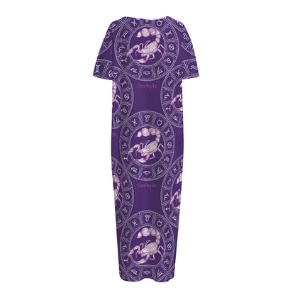 Purple Scorpio Zodiac Pattern Print Short Sleeve Long Nightdress