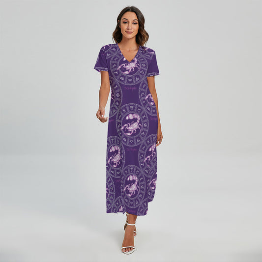 Purple Scorpio Zodiac Pattern Print Short Sleeve Maxi Dress