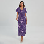 Purple Scorpio Zodiac Pattern Print Short Sleeve Maxi Dress