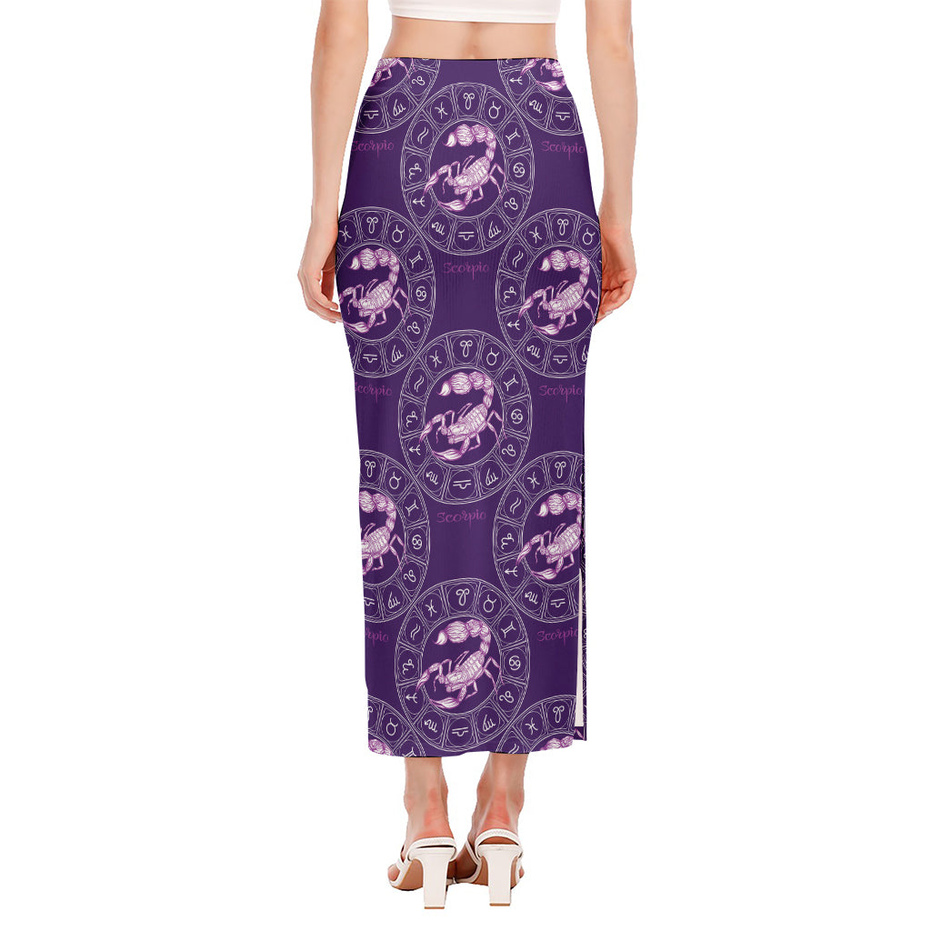Purple Scorpio Zodiac Pattern Print Side Slit Maxi Skirt