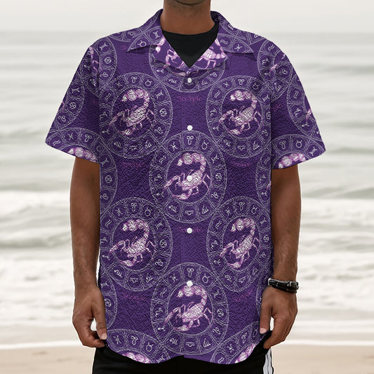 Purple Scorpio Zodiac Pattern Print Textured Short Sleeve Shirt