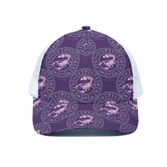 Purple Scorpio Zodiac Pattern Print White Mesh Trucker Cap