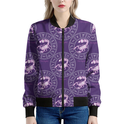 Purple Scorpio Zodiac Pattern Print Women's Bomber Jacket