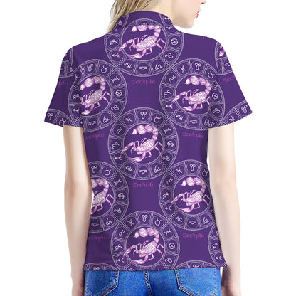 Purple Scorpio Zodiac Pattern Print Women's Polo Shirt