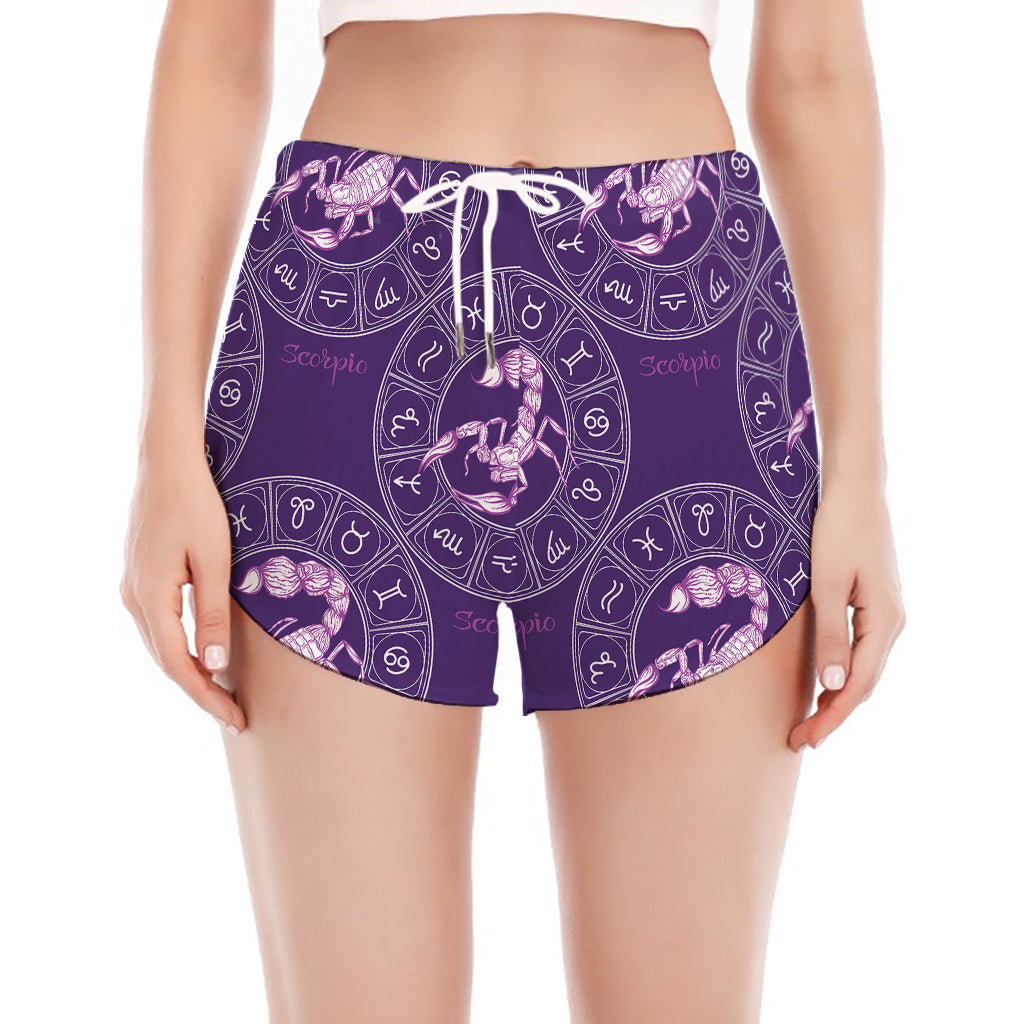 Purple Scorpio Zodiac Pattern Print Women's Split Running Shorts