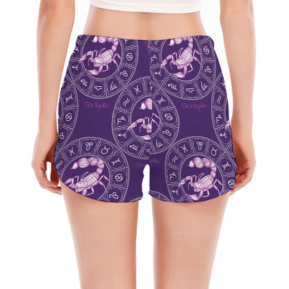 Purple Scorpio Zodiac Pattern Print Women's Split Running Shorts